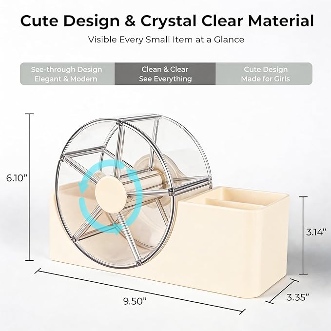 Hair Accessories Organizer for Girls, 2-Slot Hair Brush Holder & 5-Section Rotating Wheel, Cute Makeup Brush Holder for Hair Tile, Clip, Makeup Brush, Earring, Ring, Kids Vanity Accessories (Cream)