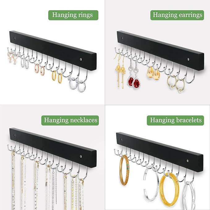 Necklace Holder Wall Mounted Jewelry Organizer - 2 Pack Wooden with 28 Hooks, Hanging Earring & Ring Bracelet Storage, Decorative Space-Saving Jewelry Display (Black)