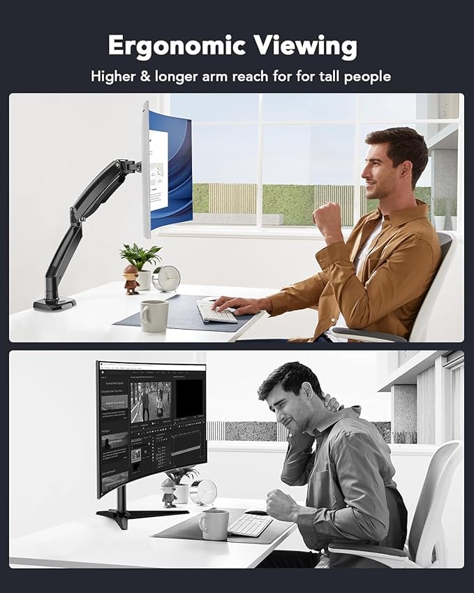HUANUO Single Monitor Arm for 13-35 inch Screens,Ultrawide Computer Monitor Mount Holds 26.4lbs,Upgraded Adjustable Monitor Stand with USB,C-Clamp&Grommet Base,VESA 75x75/100x100mm(Black)