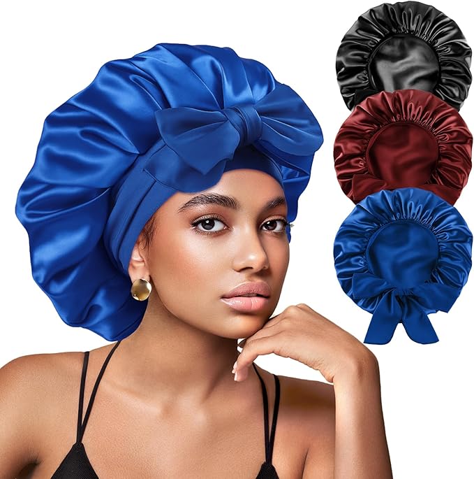 Yanideer 3 pcs Adjustable Satin Bonnets for Sleeping Double Layer Satin Lined Hair Bonnet with Tie Band for Women Curly Hair