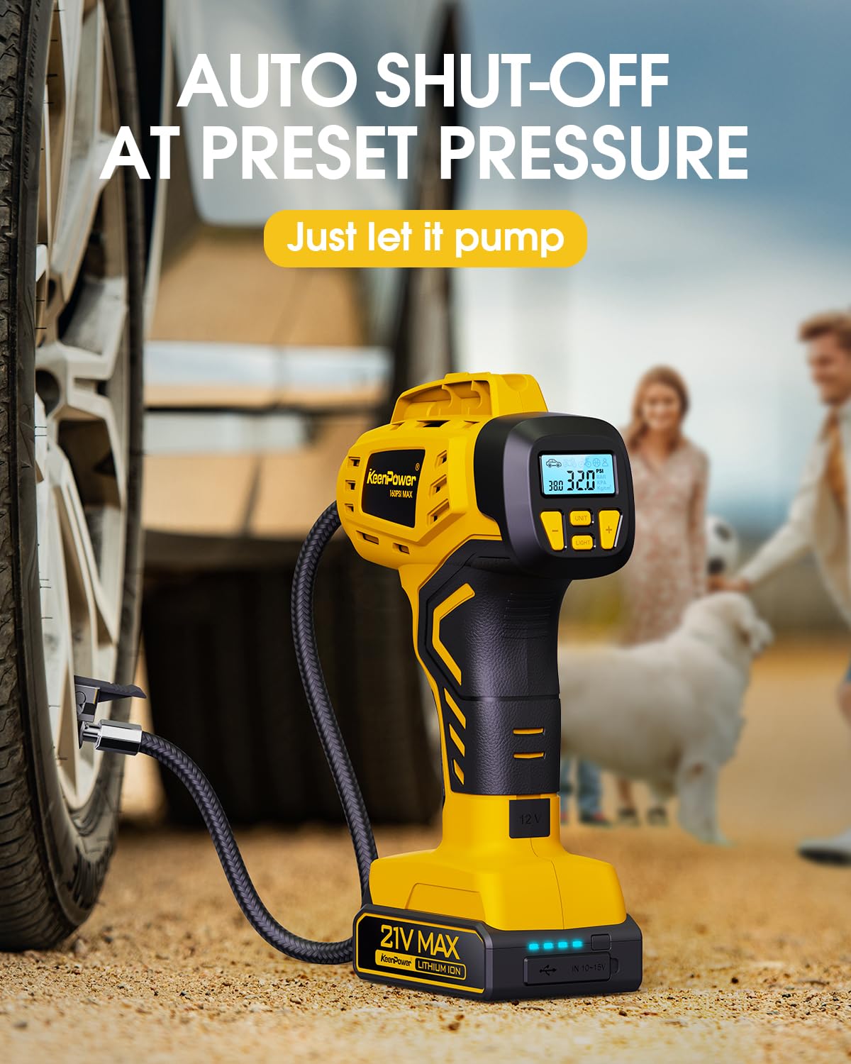 KeenPower Tire Inflator Portable Air Compressor - Super Fast - 21V Rechargeable Battery Powered Handheld 160PSI Tire Inflator, Dual Power Supply Modes, Portable Air Pump for Car Motorcycle E-Bike