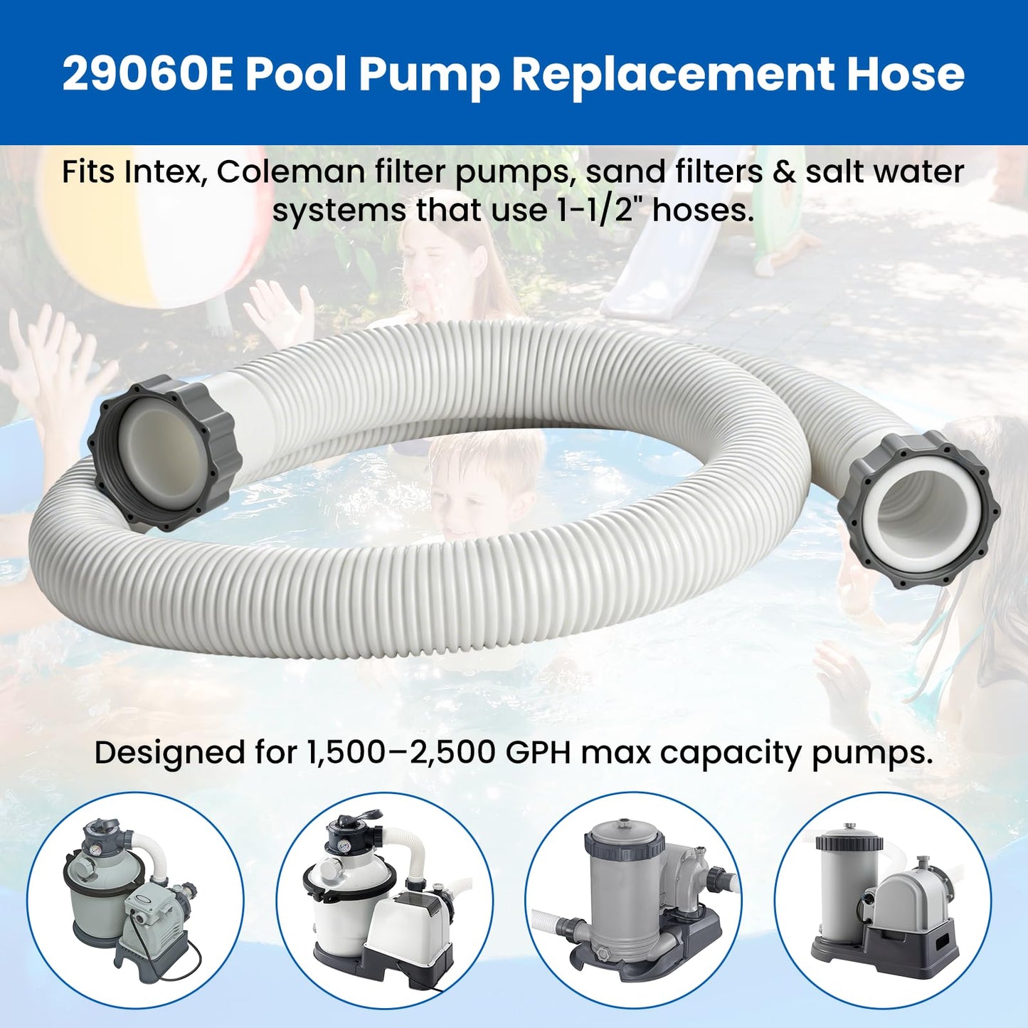 XwaYexa 1.5" Above Ground Pool Hose, 59" Long 29060E Pool Filter Hose Pool Pump Hose Replacement,for Coleman Intex Sand Filters and Saltwater Systems with 1500-2500 GPH Pumps, 2Pcs