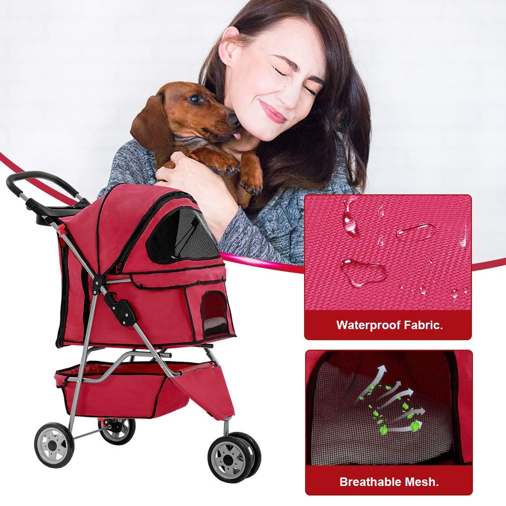 BestPet 3 Wheels Pet Dog Stroller Cat Cage for Medium Small Dogs Cats Travel Folding Carrier Waterproof Puppy Stroller with Cup Holder & Removable Liner,Red