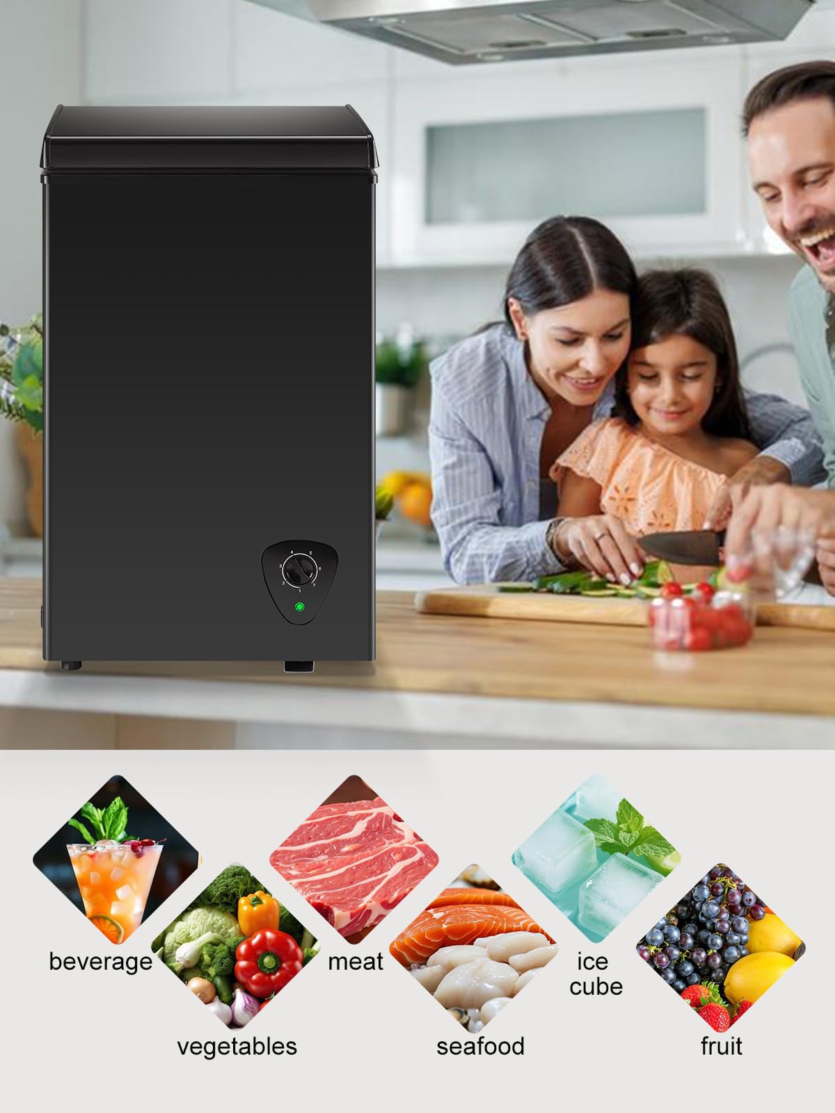 Chest Freezer Small Deep Freezer Black 2.2 Cu.Ft Free-Standing 7 Temperature Control and Removable Basket Open Deep Freezer Energy Saving Apartment Kitchen