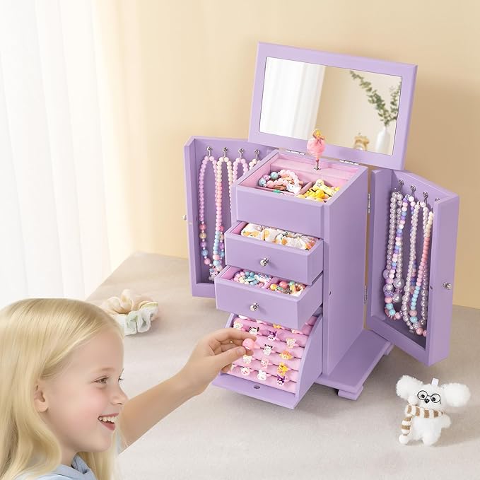 Emfogo Musical Jewelry Box for Girls, Large Kid Music Box with Ballerina for Birthday Bedroom Decor, 5 Layer Girl Jewelry Gifts for Girls Kids - Purple