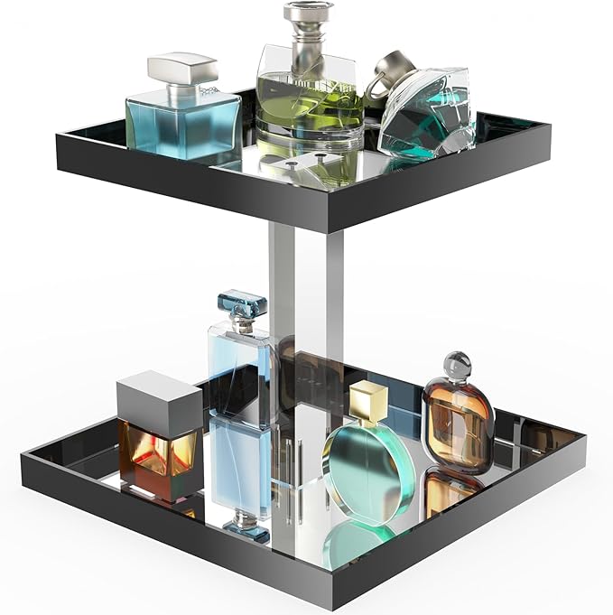 NiHome Acrylic Perfume Display Organizer, 2-Tier Cologne Organizer, Makeup Holder with Mirrored Base, Handmade Vanity Storage Versatile Countertop Tray for Cosmetics Toiletries, Black