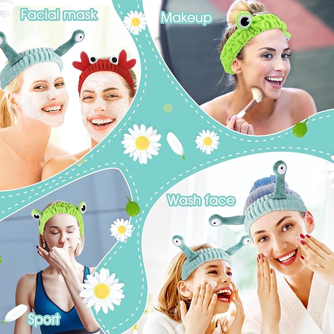 3 Pieces Face Wash Hairband Spa Headband Facial Makeup Hair Band Skincare Head Wraps Cartoon Elastic Head Band Cute Frog Snail Crab Creative Hair Accessories for Shower Beauty Sports