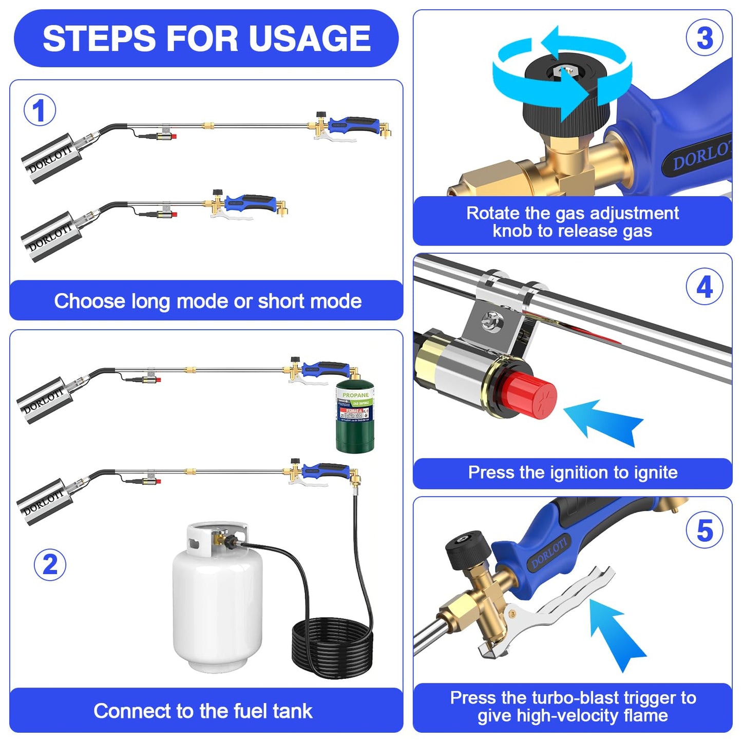 Propane Torch Weed Burner Kit, High Output with Long/Short Mode,12.5FT Hose Heavy Duty Blow Torch Flamethrower with Self Igniter and Turbo Trigger for Weeding,Roofing,Melting Ice,BBQ
