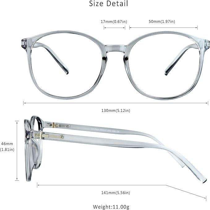 LifeArt Round Blue Light Blocking Glasses, Computer Glasses, Gaming Glasses, TV Glasses for Women Men (Clear Gray, 0.50 Magnification)