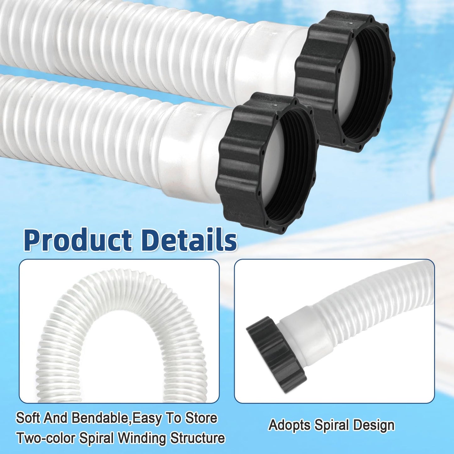 Conderyang 2 Pack 1 1/2 Pool Hose for Above Ground Pools 6ft&3ft Long Pool Pump Replacement Filter Hoses 1.5" EVA Swimming Pool Filter Hose for Filter Pumps, Saltwater Systems and Sand Filters (White)