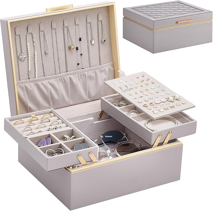 Lolalet Jewelry Box Organizer for Women Girls, 2 Layer Jewelry Organizers and Storage for Necklace Earrings Rings Bracelets, Large Jewellery Holder Case Birthday Valentine Gifts -HazePurple