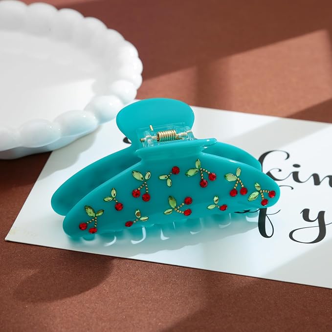 LILIE&WHITE Blue Acrylic Hair Clips For Women Cherry Hair Clip Claw With The Rhinestone Pattern In Red Cherry Strong Hair Fix Hair Clips Jewelry Fashion Gift For Women Hair Accessory