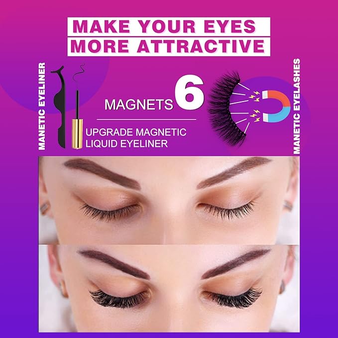 Royaomis 10 Pairs Magnetic Eyelashes with Eyeliner, Magnetic Lashes Natural Looking, Magnetic Eyelash Kit,Latest Six Magnets, With 3D 5D Reusable False Lashes, Easy to Wear, No Glue Needed