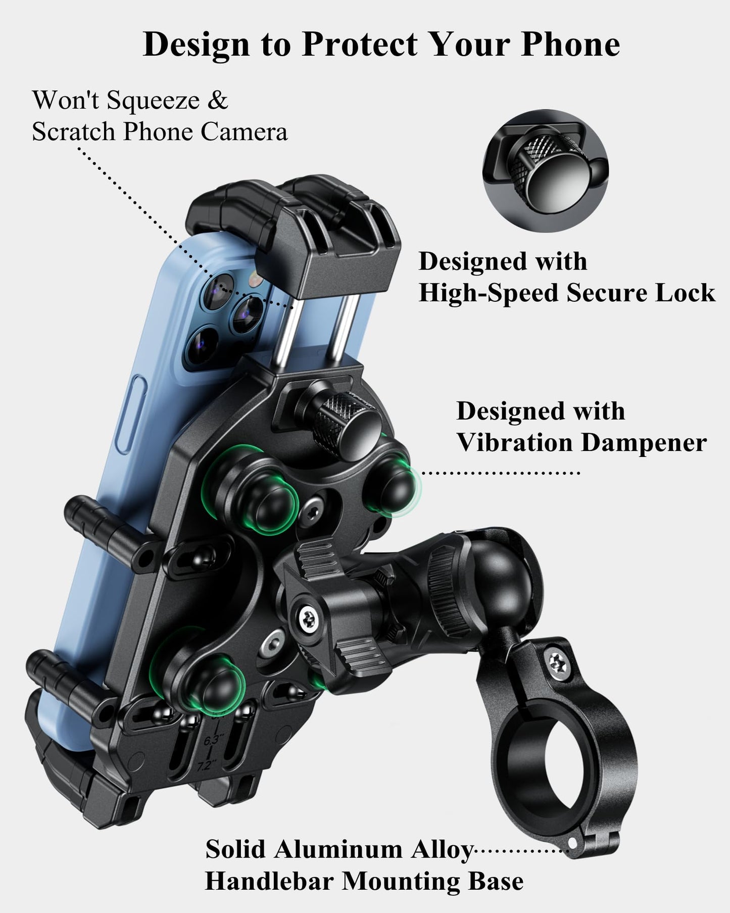 BRCOVAN Anti-Theft Motorcycle Phone Mount Holder with Vibration Dampener & High-Speed Secure Lock, Adjustable Size Handlebar Cellphone Cradle for Bike Bicycle Scooter ATV, Fit 5.4-7.2'' Smartphone