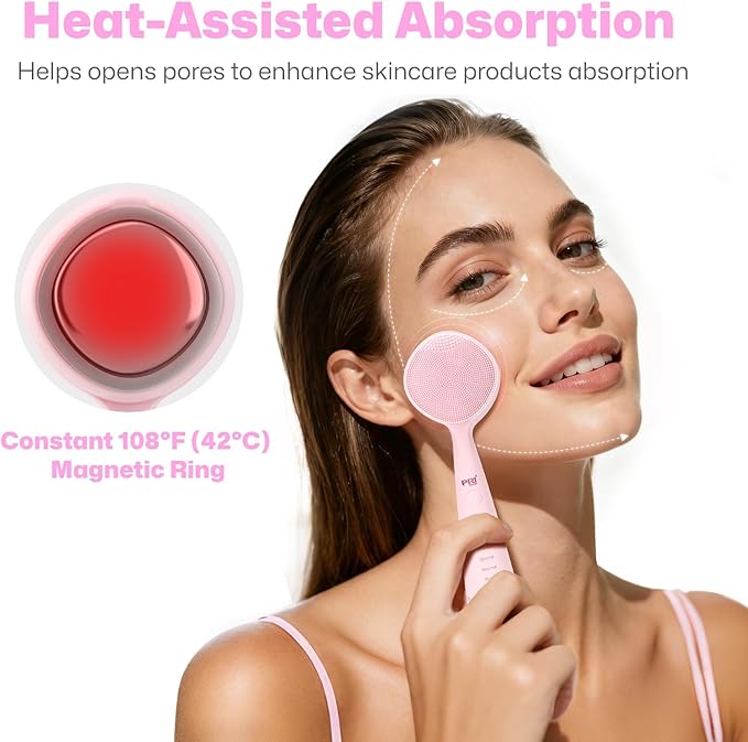 PRITECH Facial Cleansing Brush with 42ÃÂ° ConstantÃ¢ÂÂTemperature Heating Ã¢ÂÂ Rechargeable Silicone Face Scrubber for Deep Pore Cleaning, Waterproof Vibrating Exfoliator for Women & Men (Pink)