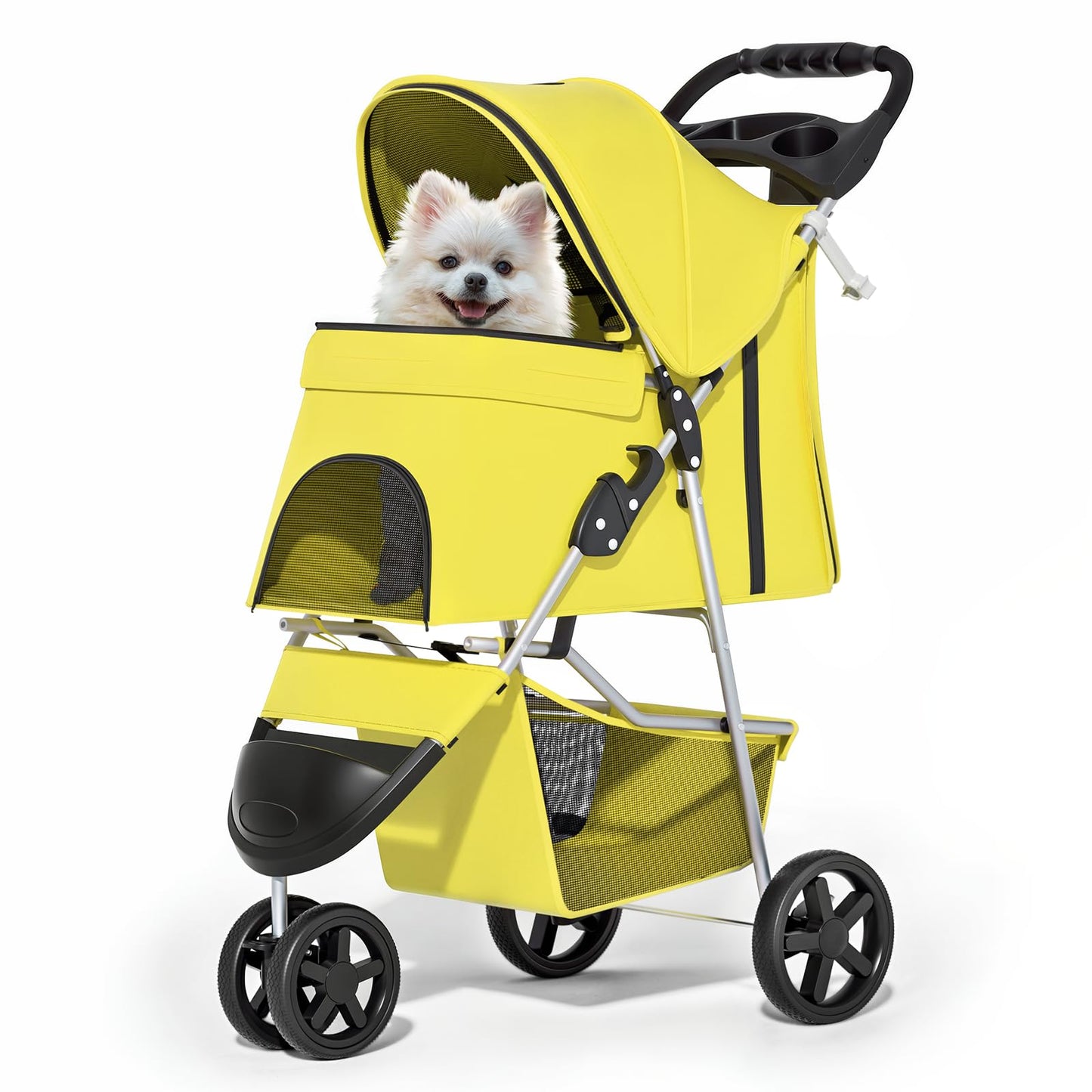 MoNiBloom Foldable Pet Stroller with Waterproof Cover, 3-Wheels Dog Strolling Cart for Small/Medium Dogs and Cats with Storage Basket and Cup Holder, Breathable and Visible Mesh for All-Season, Yellow