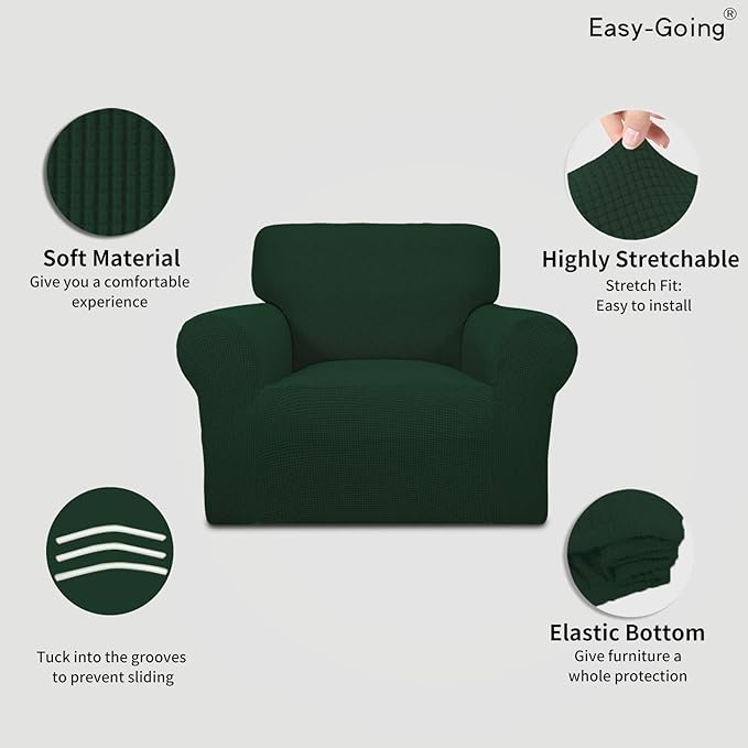 Easy-Going Stretch Chair Sofa Slipcover 1-Piece Couch Sofa Cover Furniture Protector Soft with Elastic Bottom for Kids, Pet. Spandex Jacquard Fabric Small Checks (Chair, Dark Green)