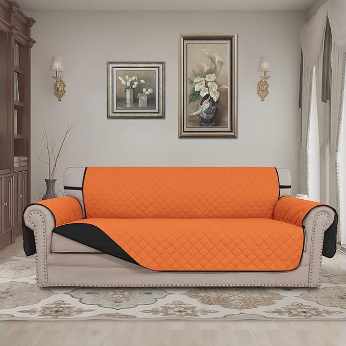 Easy-Going 4 Seater Sofa Slipcover Reversible Sofa Cover Water Resistant Couch Cover with Foam Sticks Elastic Straps Furniture Protector for Pets Children Dog Cat (XX-Large, Orange/Black)