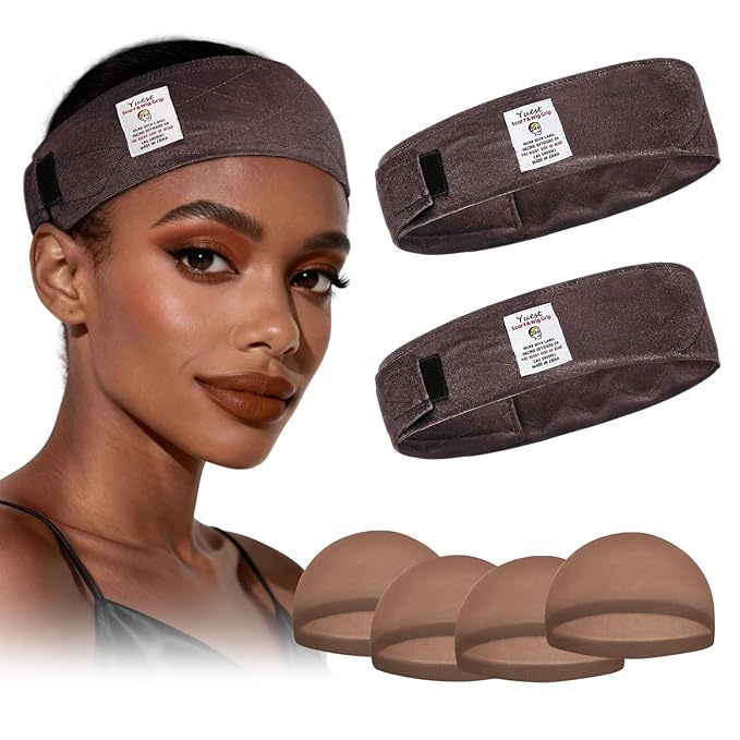 2 Pack Velvet Wig Grip Band with 4 Caps, Adjustable No Slip Headband for Keeping Hair in Place, Soft Breathable Hook and Loop Strap for Beginners