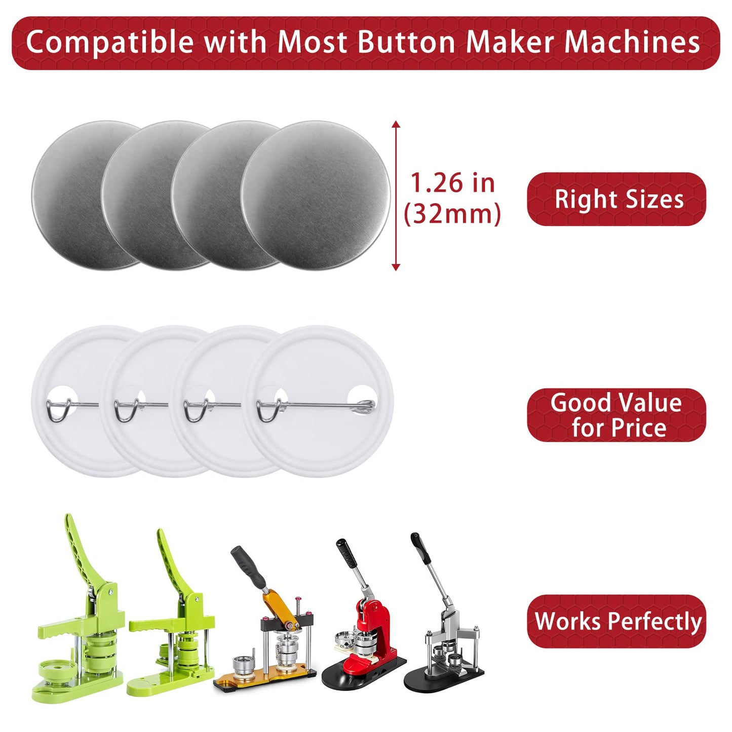 Onemorello 200 Sets Button Maker Supplies, 1.26 inch / 32mm Button Parts Buttons Supplies, Approx. 1.25 in Blank Badge Parts with Blank Paper for Buttons Maker Machine Pin Maker Press