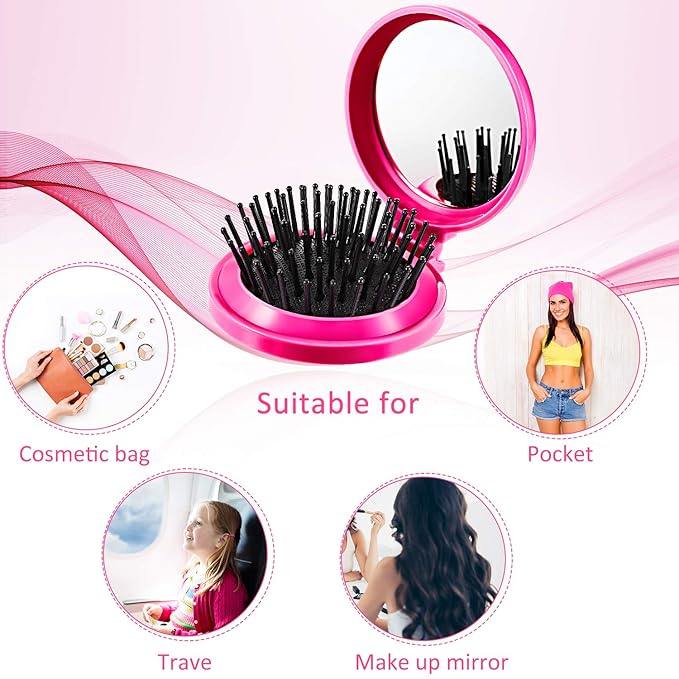 Boao 2 Pack Foldable Travel Mirror Hair Brushes Portable Folding Pocket Hair Brush Mini Comb Compact Travel Size Massage Comb for Men Women(Purple, Rose Red,Round)