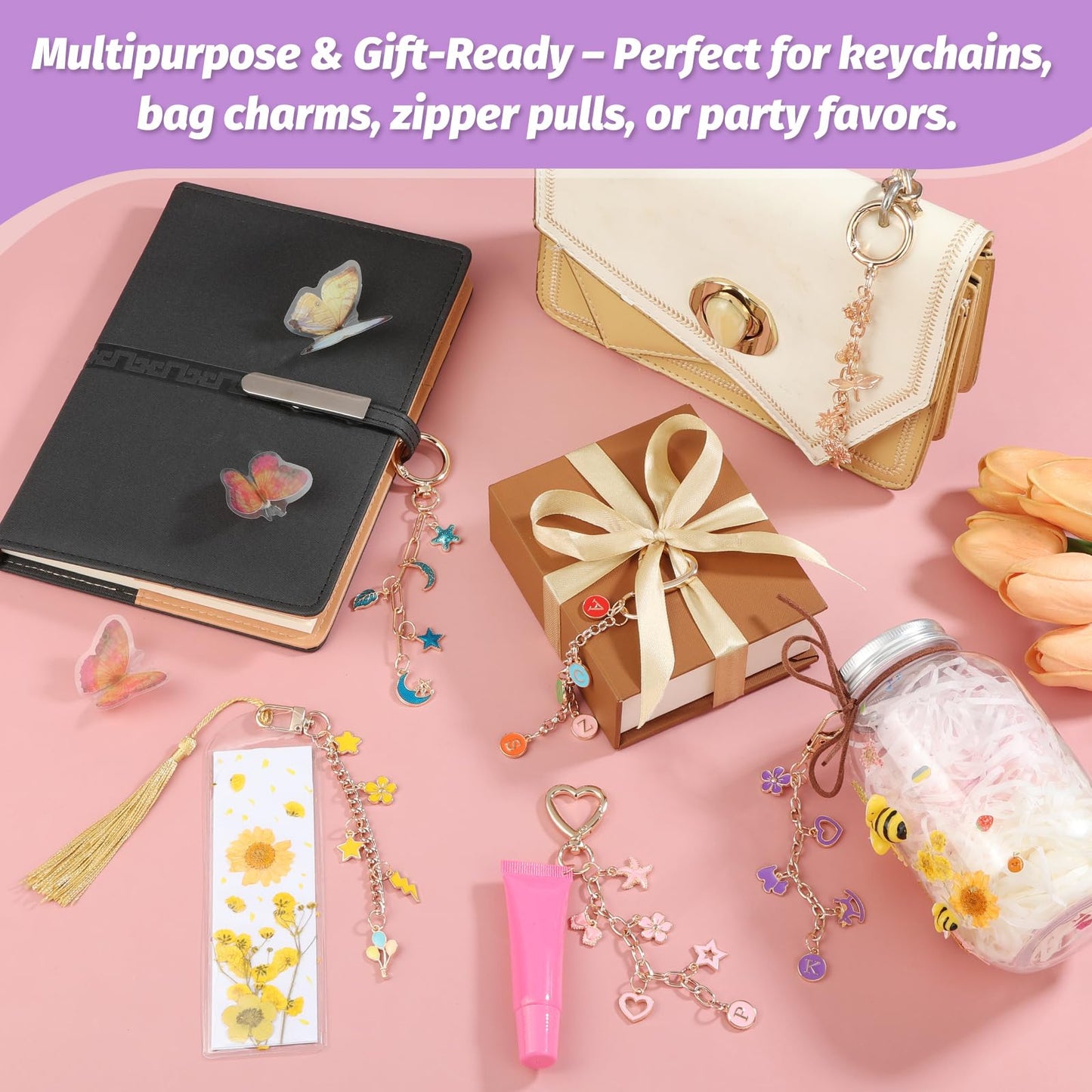 selizo 404Pcs Charms Lip Gloss Keychain Making Kit, DIY Craft Supplies with Charms, Key Chain Hooks, Jump Rings, Lobster Clasps, Chains, Jewelry Making Kit for Custom Keychains, Bags, Valentines Gifts