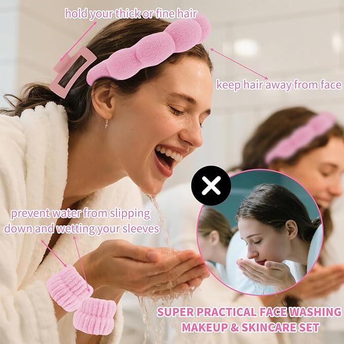 Canitor Spa Headband Wrist Bands Hair Clips Set Skincare Makeup Self Skin Care for Women Washing Face Teens Teenager Tween Clean Girl Gifts Cute Trendy Stuff Things Pink Stocking Stuffers