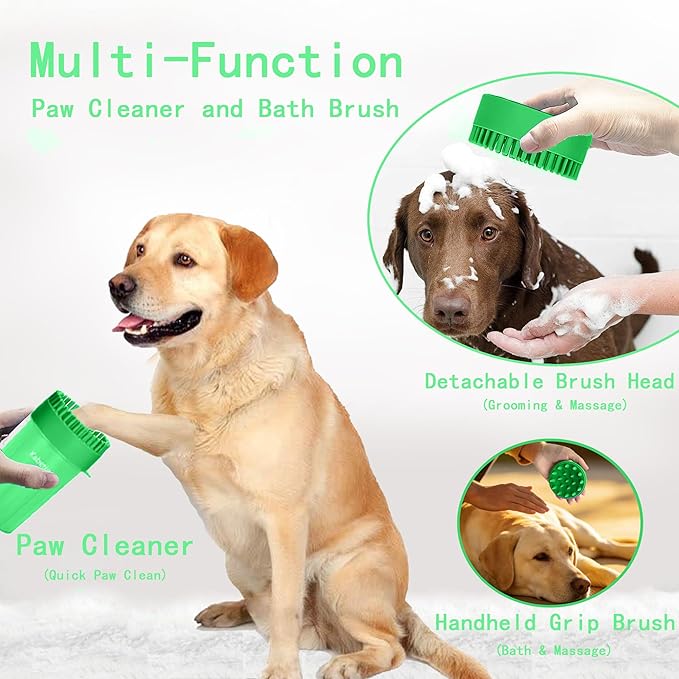 Dog Paw Cleaner Kit for L/XL Dogs - Quick Clean No Full Bath, 2-in-1 Paw Wash Cup with Detachable Silicone Brush Head, Includes Bath Brush & 3 Absorbent Towels, Green