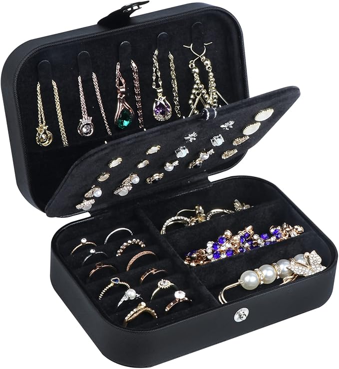 Hatori Travel Jewelry Box, PU Leather Small Jewelry Organizer for Women Girls, Portable Mini Travel Case Display Storage Holder Boxes for Stud Earrings, Rings, Necklaces, Bracelets (Black02)