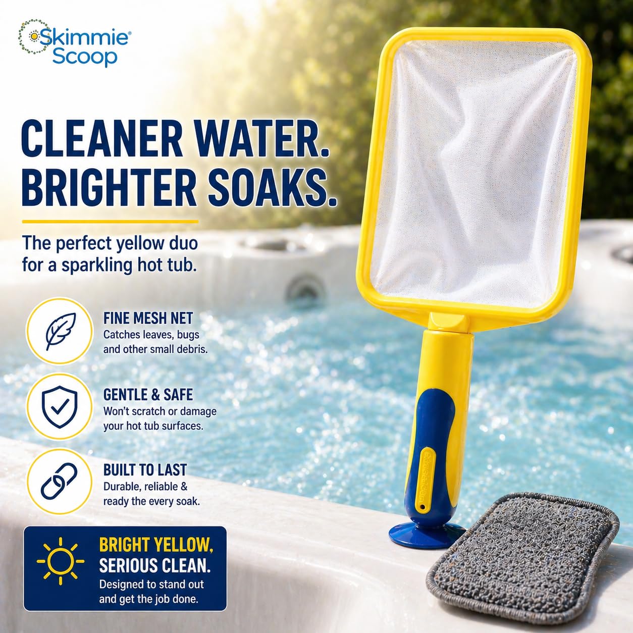 The Skimmie Scoop - Patented Handheld Skimmer with Fine Mesh Net for Spa, Hot Tub, Cold Plunge and Small Pool Cleaning - Lightweight and Durable with Powerful Suction Cup - Clean Out Filter (Yellow)