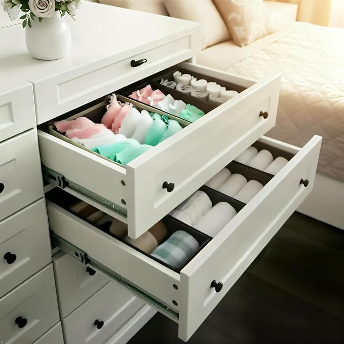 Sock Drawer Organizer 3 Pack - Collapsible Fabric Storage Bins for Underwear Divider, Small Closet Organizers with 3 Compartments, Gray
