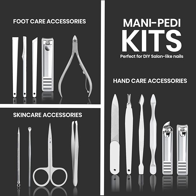 Utopia Care, Manicure Kit for Women and Men, Manicure Set with Nail Clippers, Nail Kit Includes Fingernail, Toenail Clippers,16Pcs Pedicure Kit Stocking Stuffers with Travel Case, Silver