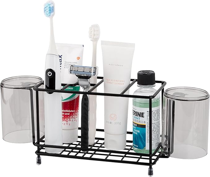 Carbon Steel Toothbrush Holders for Bathrooms, Electric Tooth Brush Holder and Toothpaste Organizer with Cup Holder Bathroom Accessories for Countertop, Shower, Sink - Black