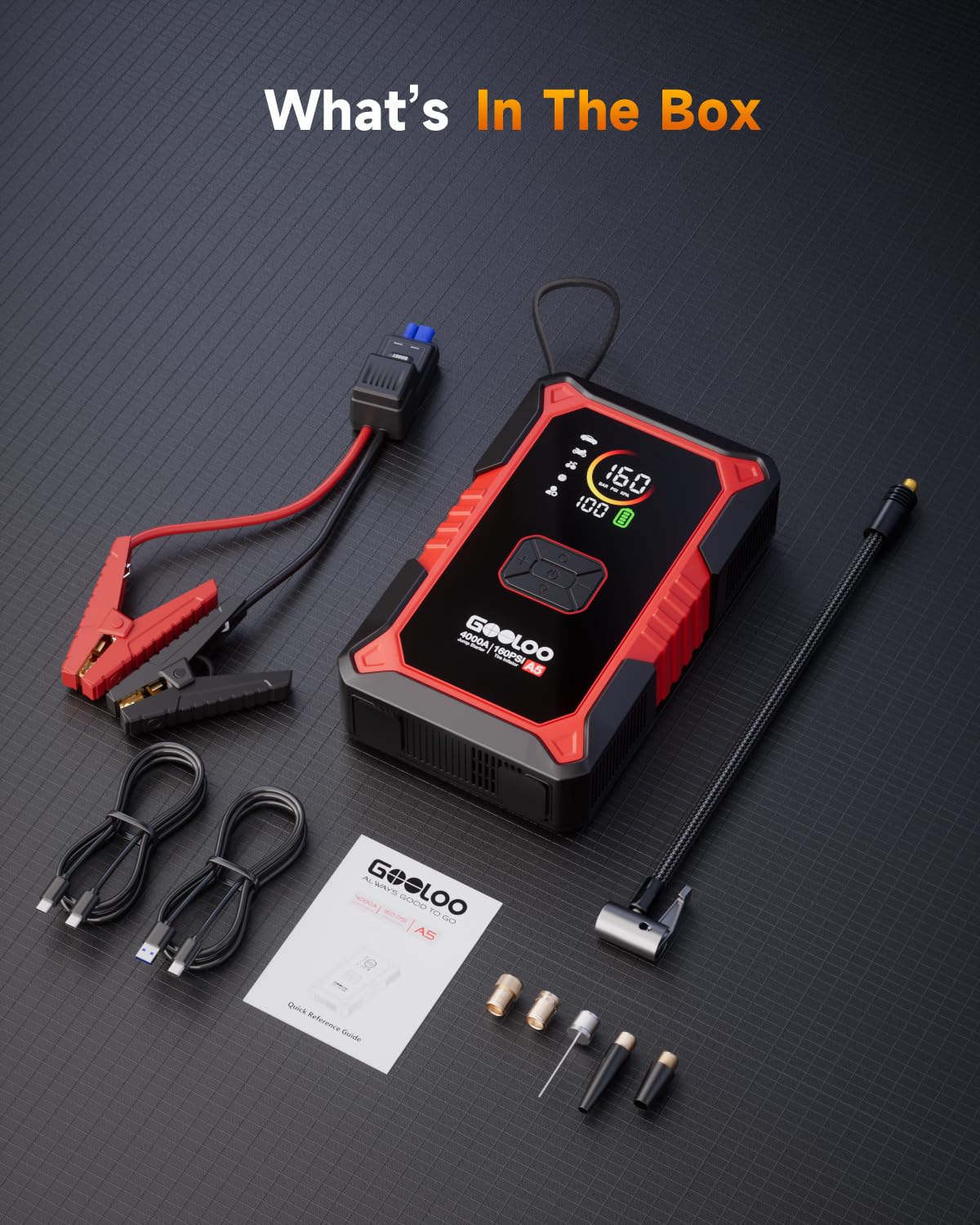 GOOLOO A5 Jump Starter with Air Compressor, 4000A Car Battery Jump Starter (All Gas/10.0L Diesel) with 160PSI Tire Inflator Auto-Off, 45W PD Fast Charging, 12V Jump Box Car Jumper Starter Portable
