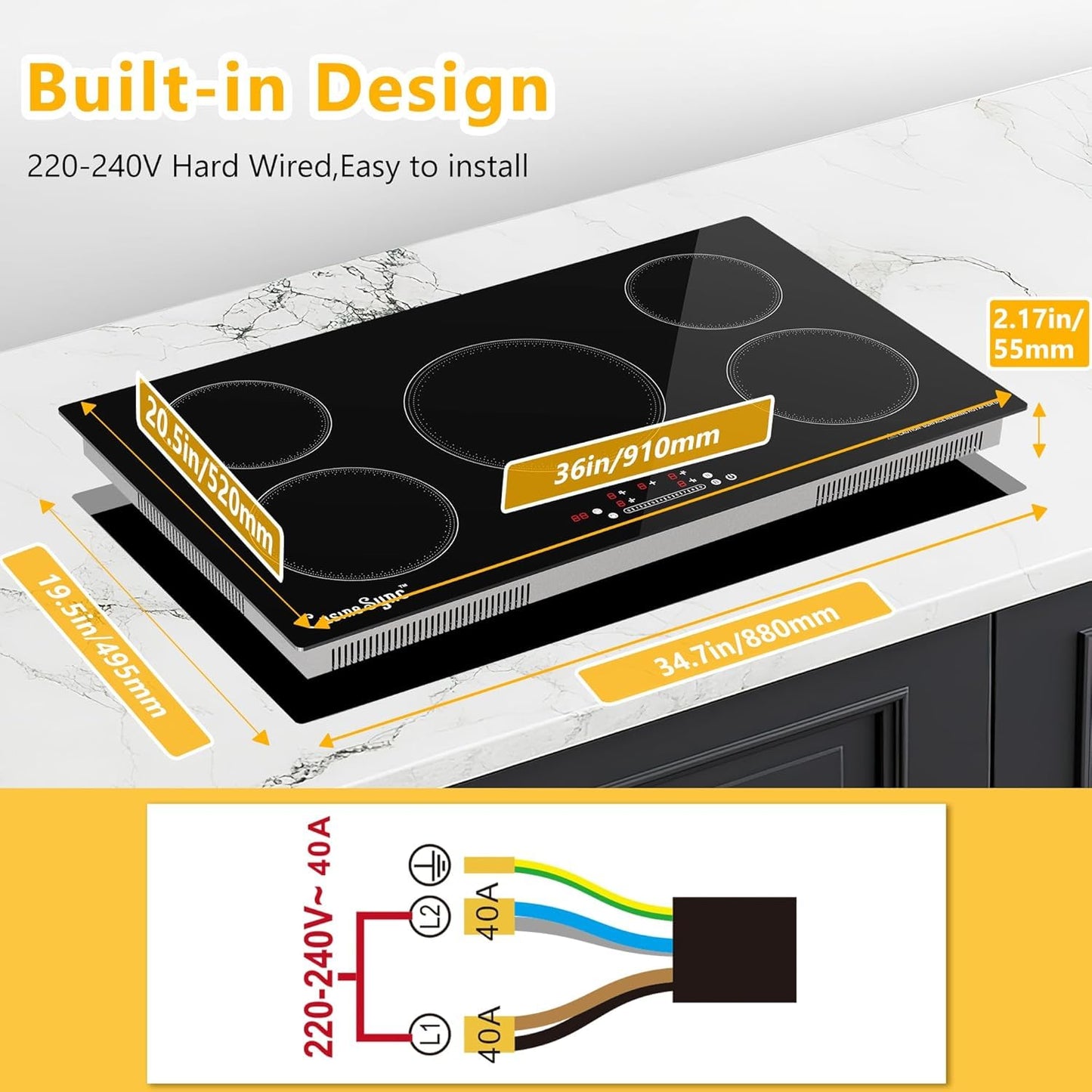 36 Inch Induction Cooktop, 5 Burner Built-In Electric Stove Top, 10800W High Output 240V Hardwired, Touch Control with Power Boost, 9 Power Levels, Timer, Child Lock & Residual Heat Indicator