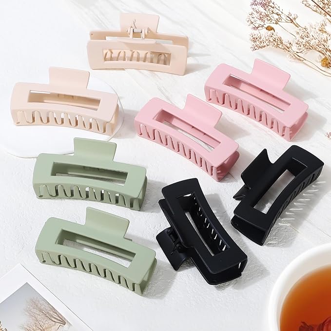 8 Pcs Large Hair Claw Clips 4.1 Inch Non-slip Big Square Matte Hair Claws for Women, Strong Hold Banana Clip for Thick Thin Hair(White/Green/Pink/Black)