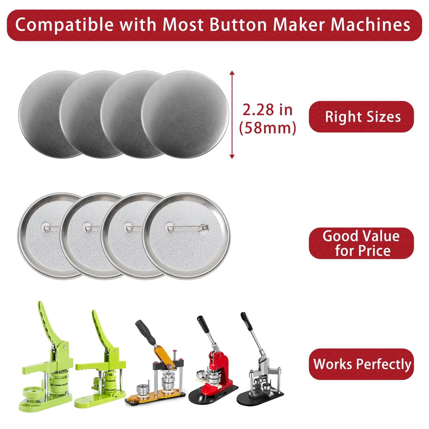 Onemorello 200 Sets Button Maker Supplies, 58mm / 2.28 inch Button Supplies Buttons Parts, (Approx. 2.25 inch) Metal Blank Badge Parts with Blank Paper for Buttons Maker Machine Pin Maker Press