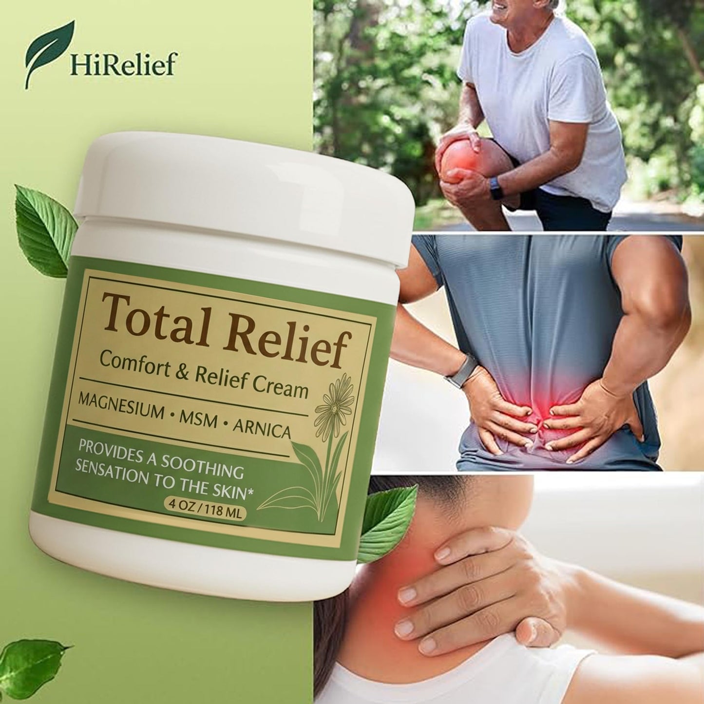 HiRelief Total Relief Magnesium Cream for Comfort – Fast-Absorbing MSM & Arnica Cream for Healthy, Comfortable Nerves and Daily Comfort – 4 Fl Oz (Pack of 3)