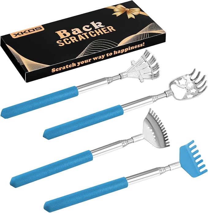 XKOS 4 Pack Different Back Scratcher Portable Telescoping with Rubber Handles, Extendable Metal Back Massager Tool with Beautiful Box, Stocking Stuffers for Men Women Adults (Blue)
