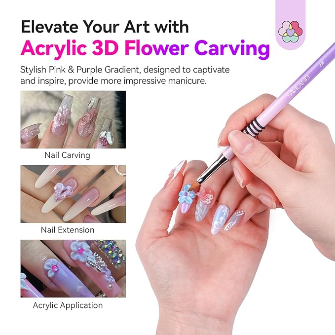 SAVILAND 3D Acrylic Nail Art Brush Set: 3Pcs Professional Kolinsky Sculpture Brushes Sizes 2/4/5 Purple-Pink Gradient Non-Slip Grip Handle for Acrylic Application 3D Flower Designs Home DIY