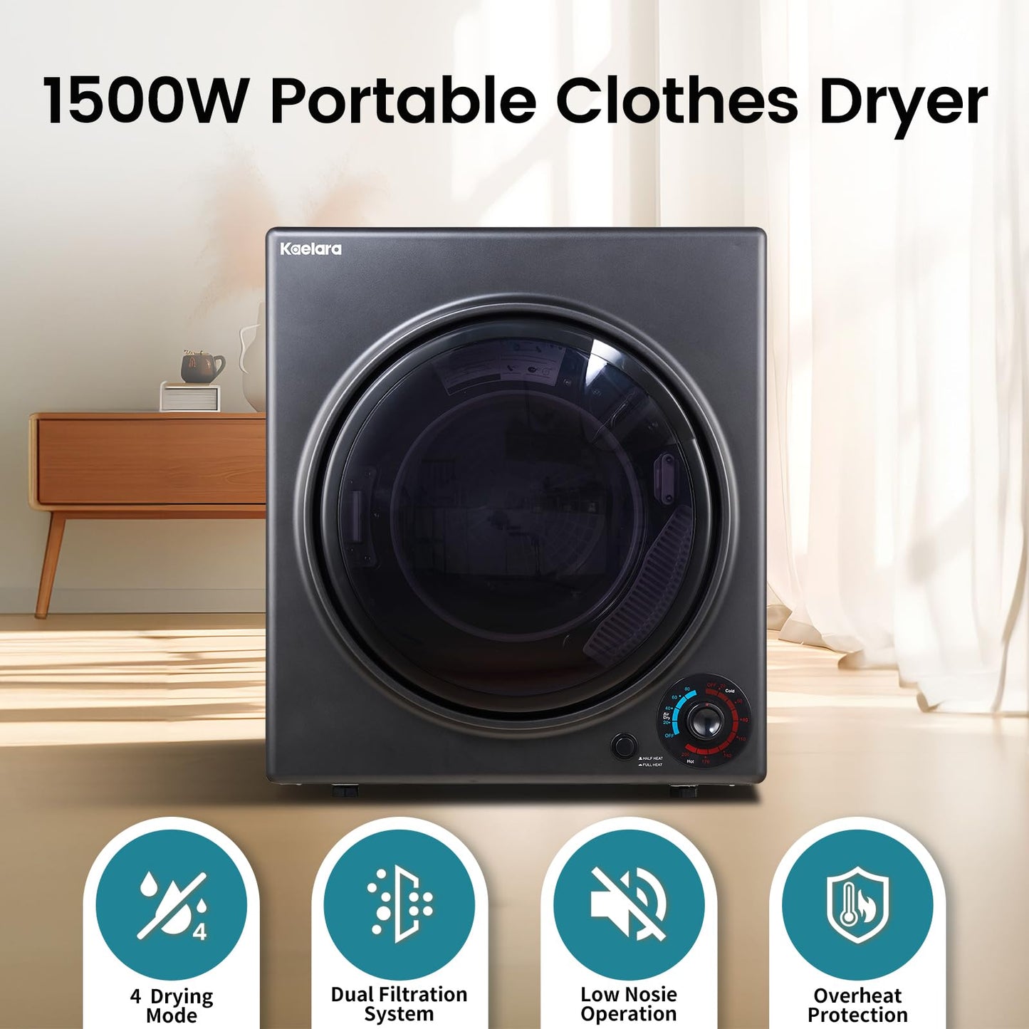 Kaelara Portable Dryer 3.5 cu.ft, 1500W Compact Dryer with Stainless Steel Tub, 4 Drying Mode, Overheat Protection, Apartment, Dorms, RVs, Black