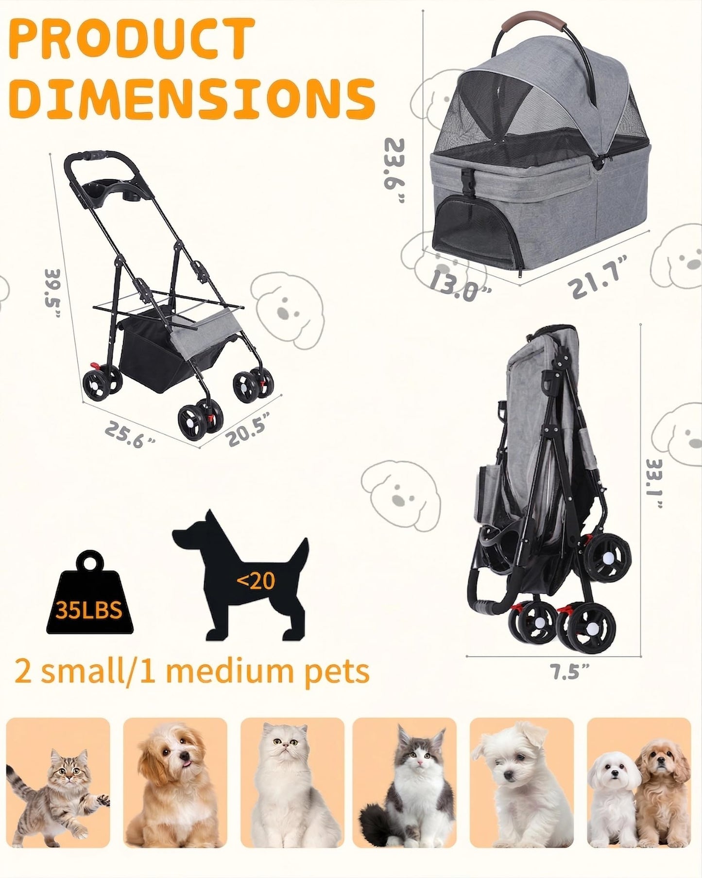 Pet Stroller with Removable Carrier, 35lbs Capacity - One-Click Foldable Dog Stroller, Cat Carrier & All-Terrain Wheels, Compact Travel Pet Stroller for Small to Medium Pets-Gray