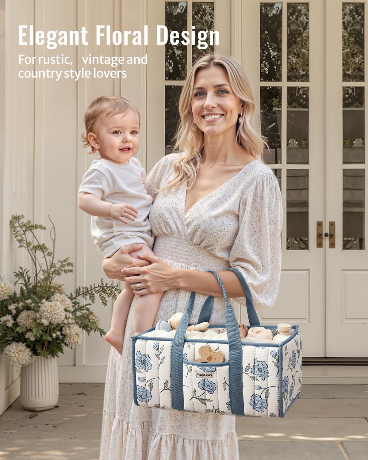 Blissful Diary Floral Diaper Caddy Organizer, Stylish Nursery Storage Basket, Gift for Baby Shower, Newborn Essentials, Peony Blue