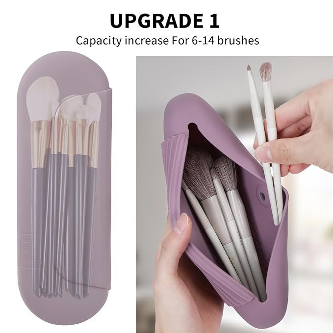 2 IN 1 Silicone Makeup Brush Holder with Beauty Make Up Sponge Holder Case：Soft Portable Cosmetic Face Brushes Holder with Upgrade Anti-Fall Out Magnetic Closure - Light Purple