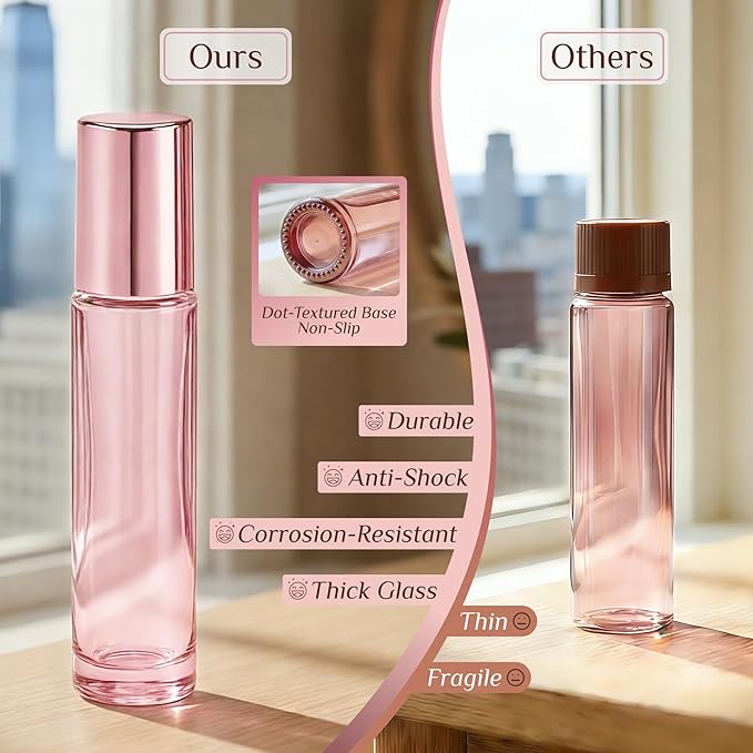 PrettyCare 4 Pack, 10 ml Essential Oil Roller Bottles with Stainless Steel Roller Ball - Refillable Leak-proof Empty Thick Pink Glass Roll on Bottles with Pink Caps for Travel, Perfume