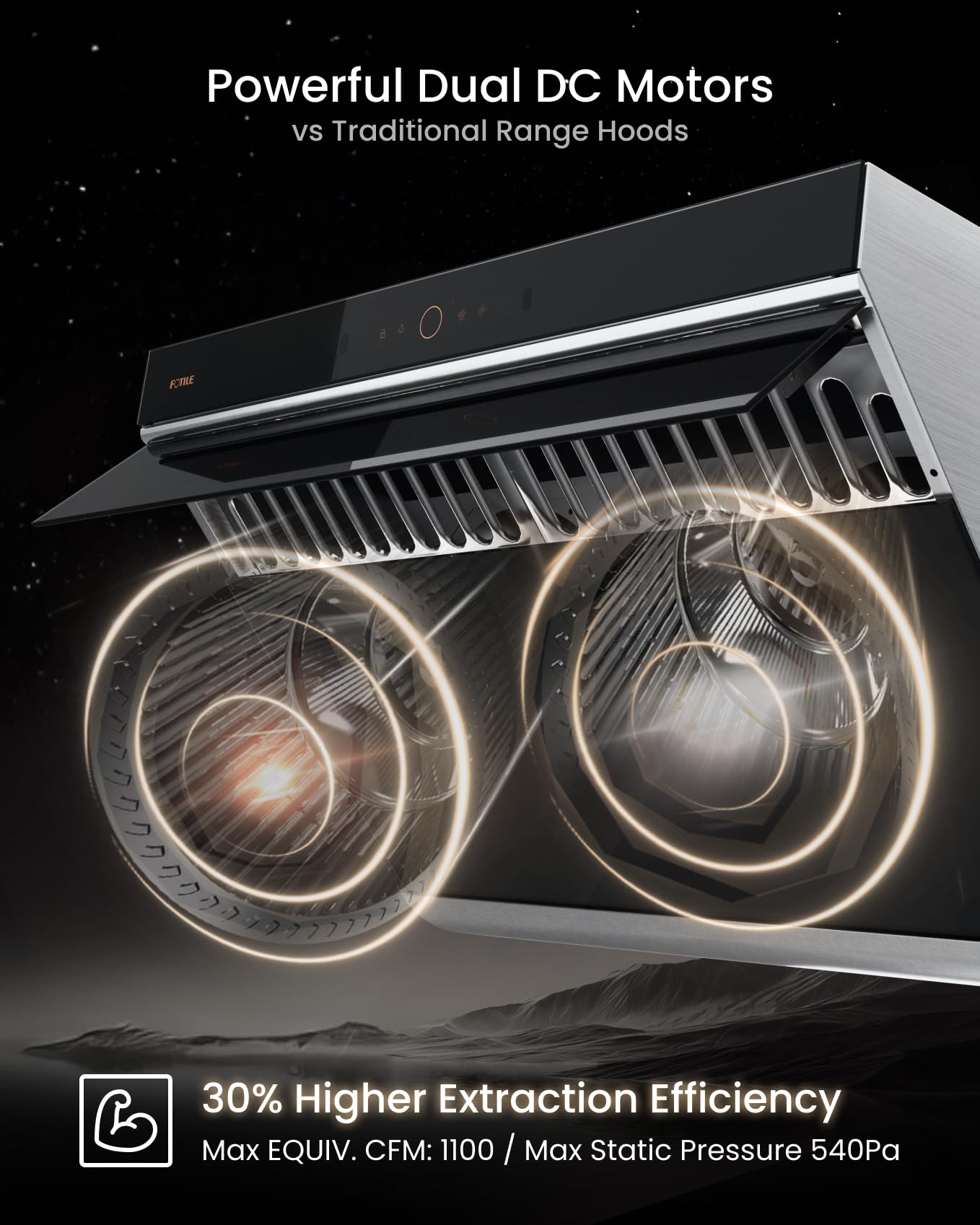 FOTILE JQG7507 Under Cabinet or Wall Mount Kitchen Range Hood 1100 CFM 4 Speed Level with LED Lights, Fingerprint Resistance and Motion Control