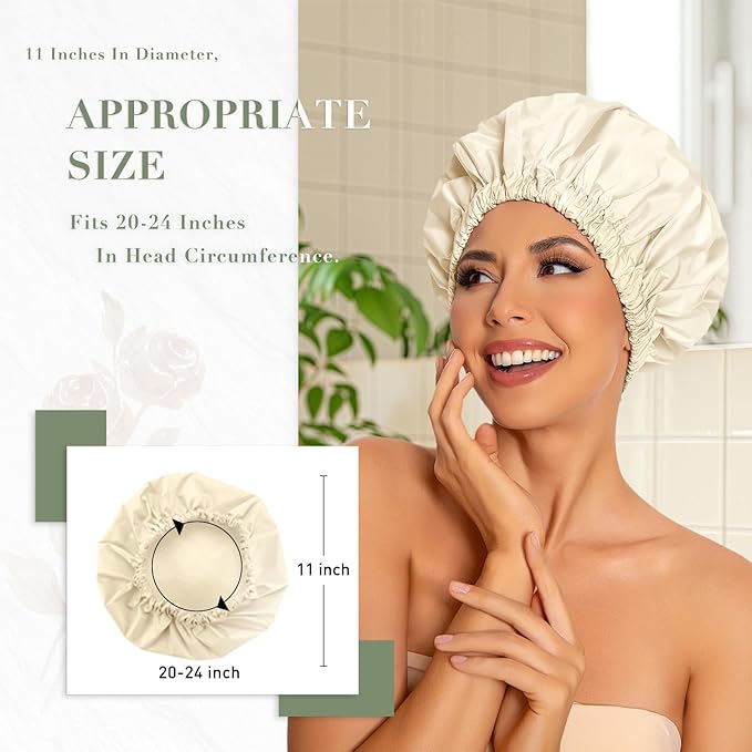 Reusable Shower Cap for Women, Large Waterproof Shower Bonnet with Elastic Band, Washable Bath Hair Cap for Long, Curly Hair, Braids, Daily Shower, Home Spa, Travel(Champagne)