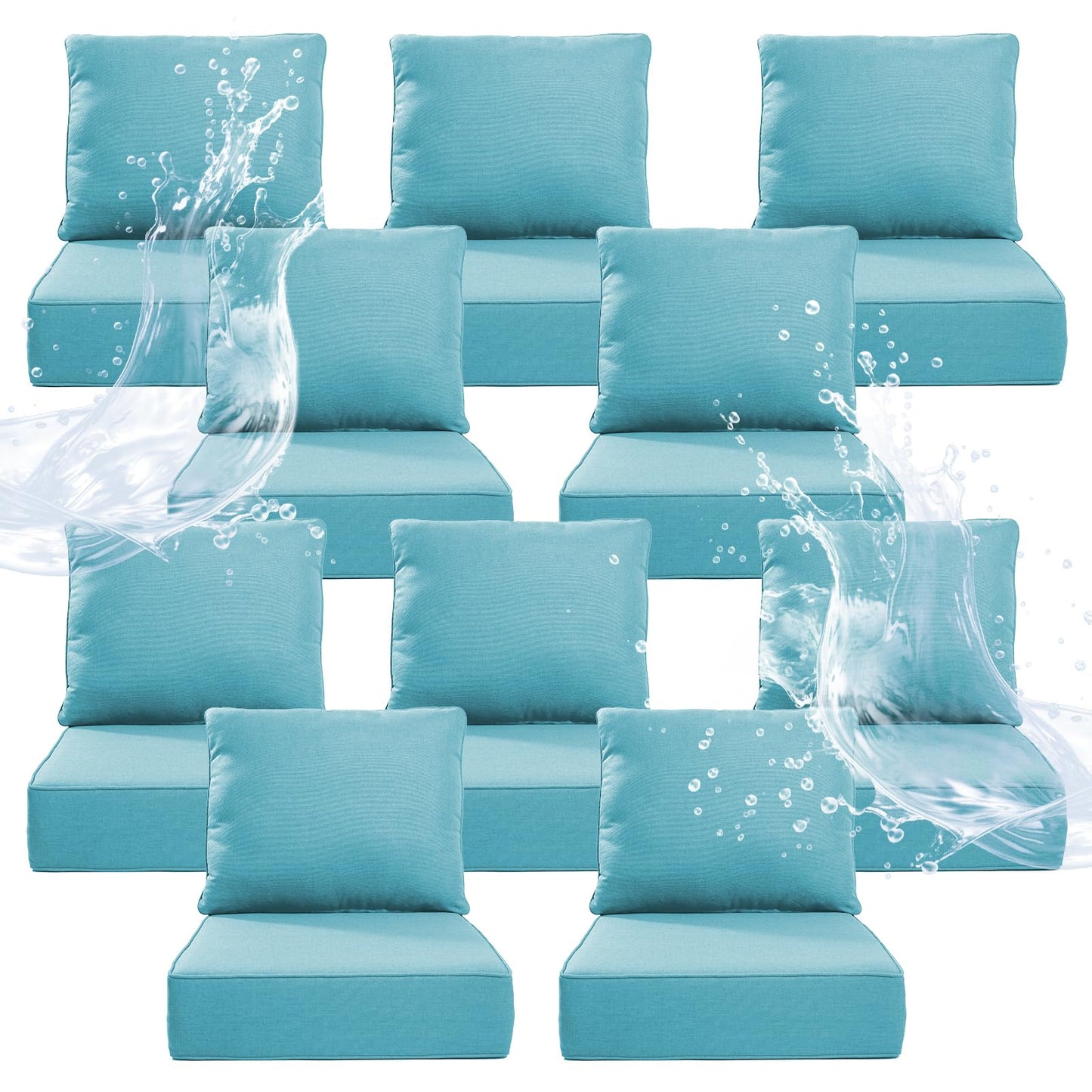 Artfurniz 6" Thicker Outdoor Chair Cushion 10 Sets - 24" *24" *6" Waterproof Patio Furniture Cushions with Removable Cover, 28D High Density Sponge Filling Thicken Outdoor Patio Cushions - Turquoise