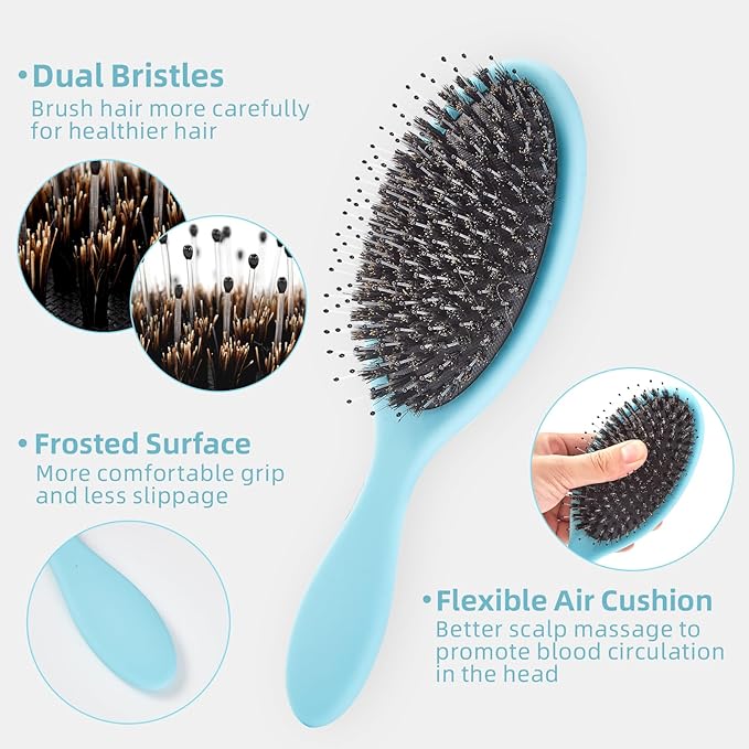 Boar Bristles Hair Brush for Women and Men, Detangling Hair Brush for Smoothing Massage Add Shine, Nylon&Boar Bristles Detangler brush for Hair Healthy (1 Pack-Blue)