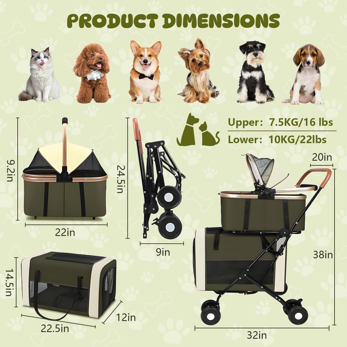 Beuway Double Pet Stroller for Dogs and Cats, One-Step Folding Dog Stroller Travel Carriage for Small Medium Dogs Cats, 2 Detachable Carrier Bags, 4 Lockable Wheels (Army Green)